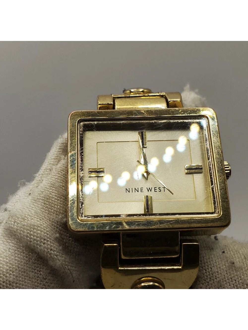Nine West Square Womens Watch 27mm Gold Tone New Battery